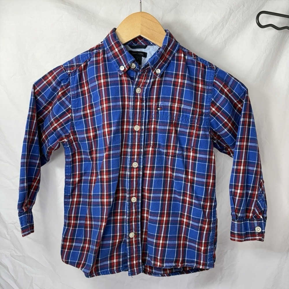 Tommy Hilfiger Boys Kids Sz 5 Shirt Long Sleeve Red White Blue Plaid Button Down